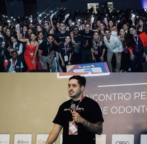 Samuel Davy em eventos: plateia com milhares de pessoas e Samuel palestrando no palco